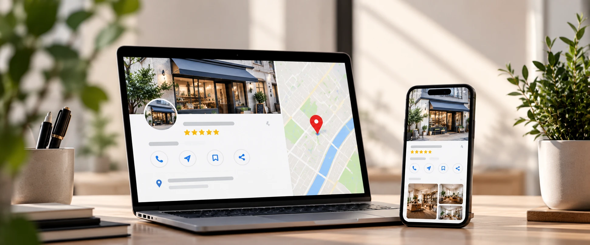 La fiche d'une boutique, avec ses avis et sa carte, sur un ordinateur portable et un téléphone