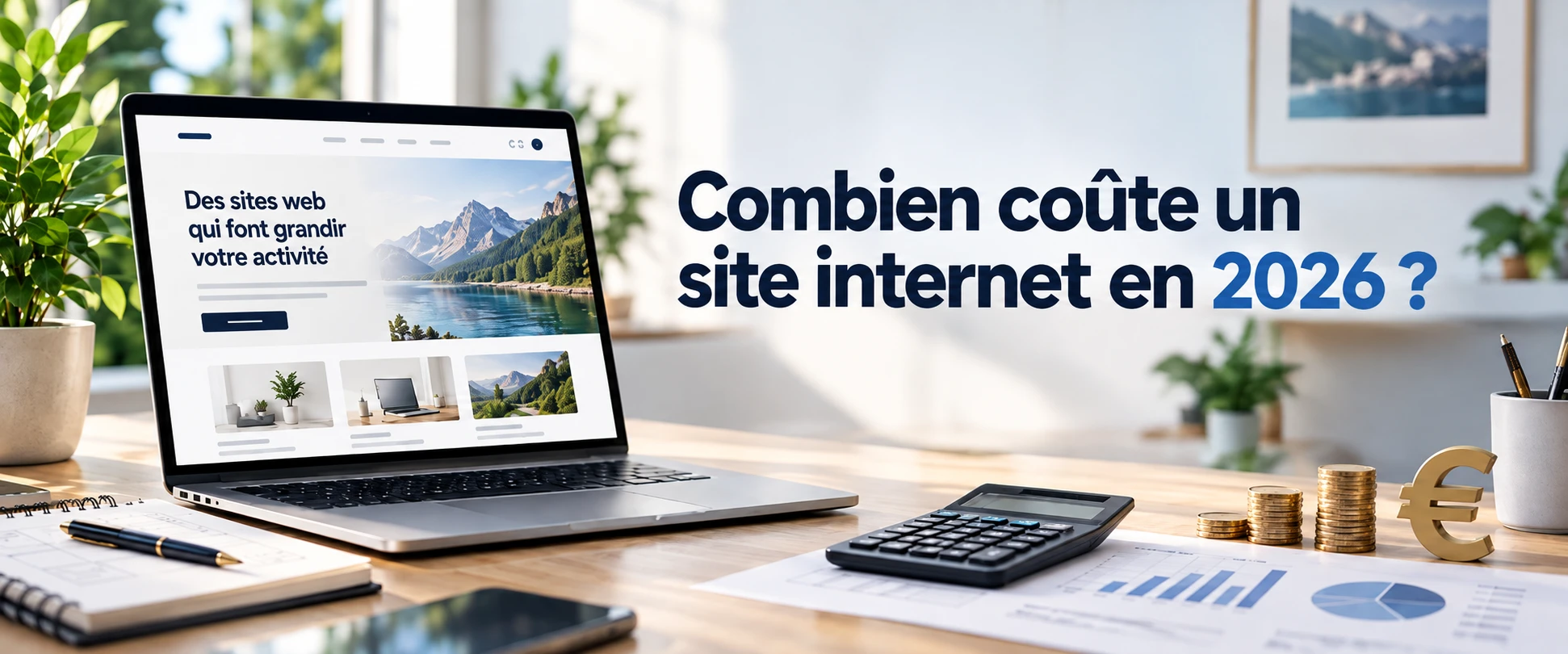 Ordinateur portable ouvert sur un site, à côté d'une calculatrice, de pièces et d'un symbole euro