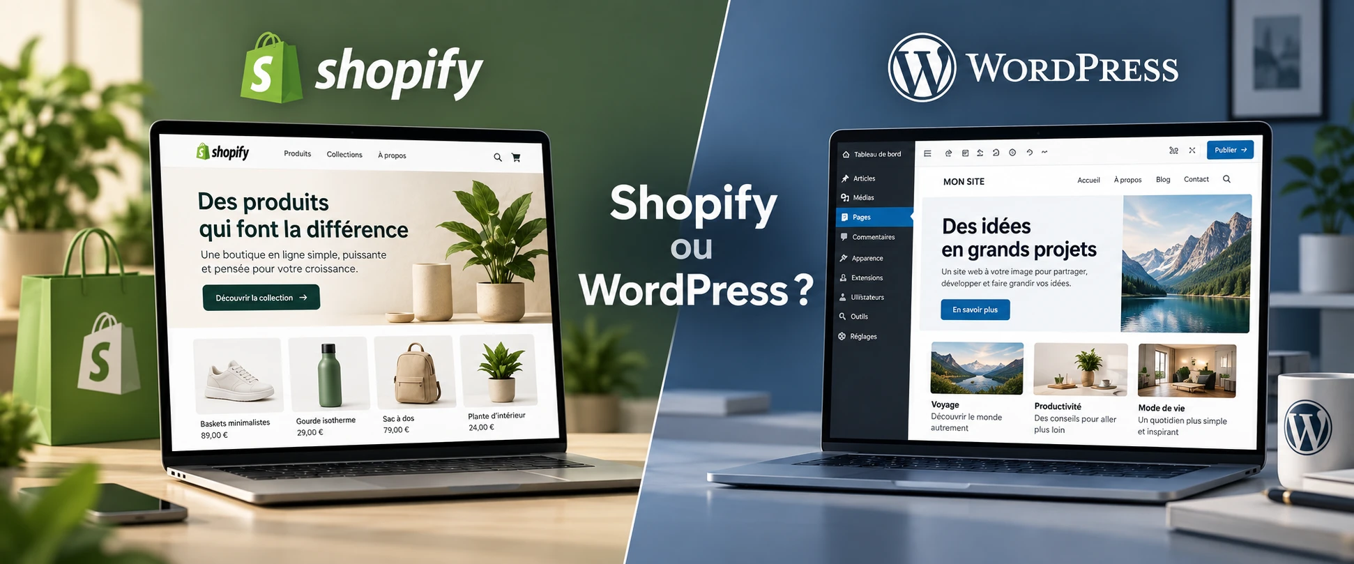 Deux ordinateurs portables côte à côte, une boutique Shopify et l'éditeur d'un site WordPress