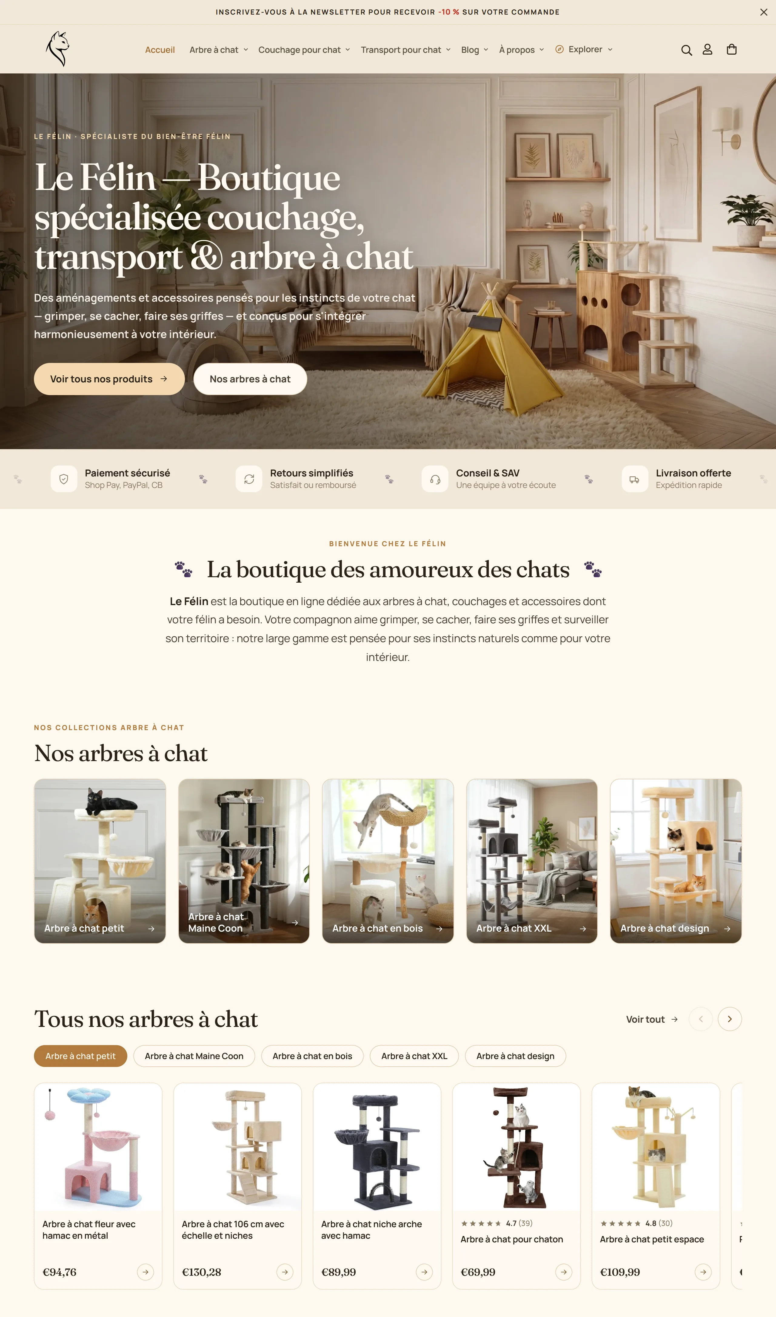 Page d'accueil de la boutique Le Félin, avec les collections d'arbres à chat