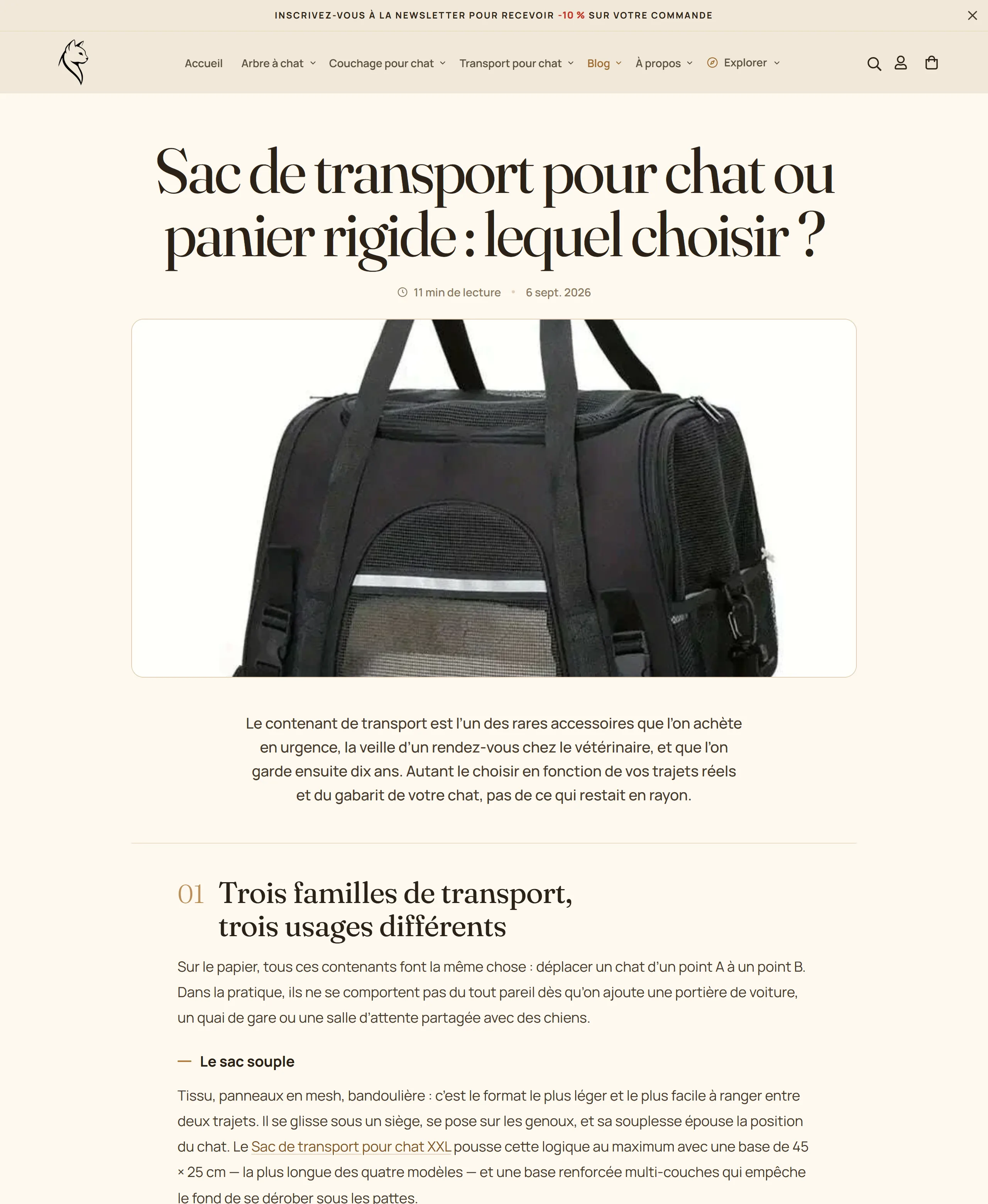 Article du blog Le Félin sur le choix d'un sac de transport pour chat