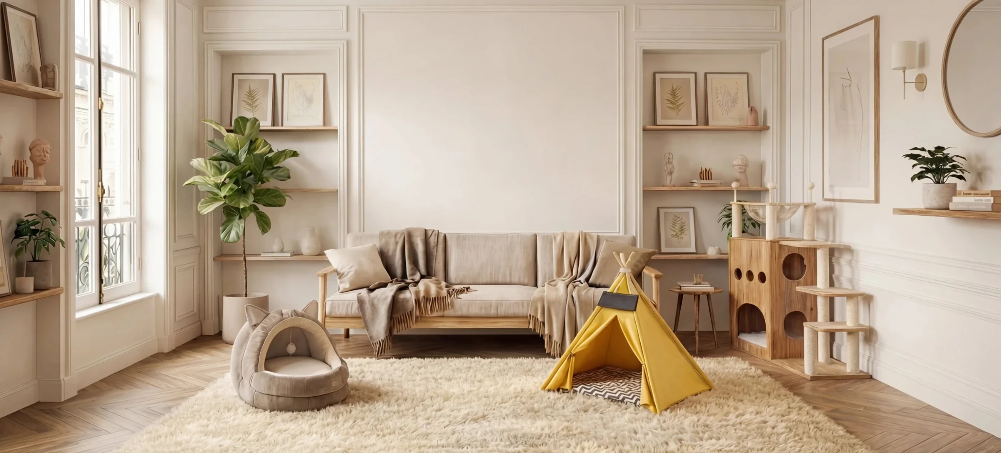 Salon clair aménagé pour les chats, avec un panier, un tipi et un arbre à chat, visuel de Le Félin